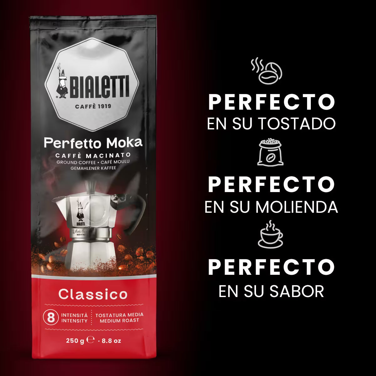 Perfil de Bolsa de café molido Bialetti Perfecto Moka Classico, 250 g, intensidad 8.