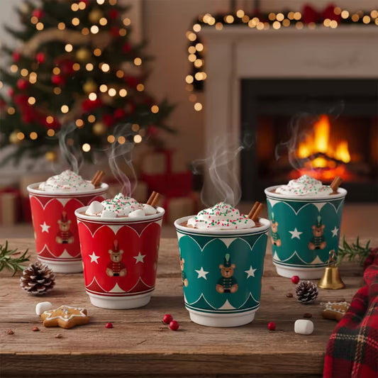 Set de 4 vasos Bialetti con diseño festivo rojo y verde, sobre una mesa en navidad
