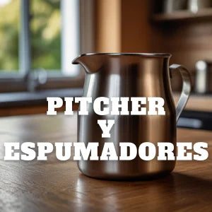 Pitchers de leche en acero inoxidable para latte art y espumadores manuales o eléctricos.