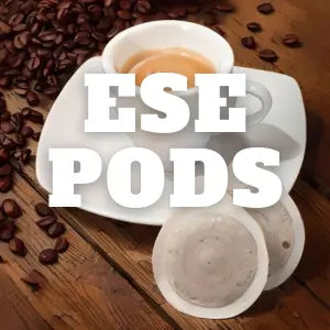 Cápsulas de café formato ESE Pods monodosis compostables para máquina de espresso compatible.