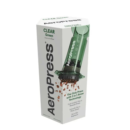 AeroPress Clear Green en caja, cámara verde transparente y base negra