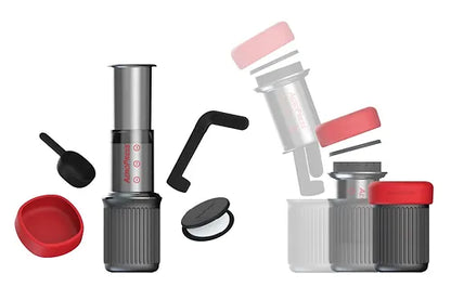 AeroPress GO: conjunto de prensa, tapa roja y piezas negras para preparar café