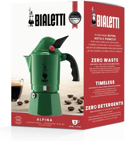 Cafetera moka Bialetti Alpina verde de 3 tazas, 130 ml, con asa negra.