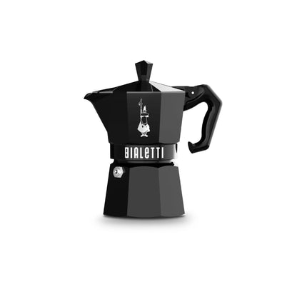 Cafetera moka Bialetti negra, con asa lateral y tapa superior.