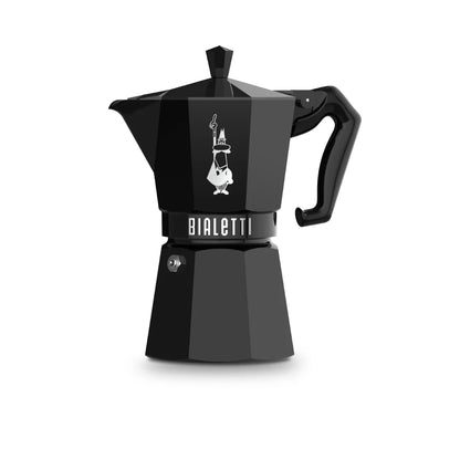 Cafetera moka Bialetti negra con asa, cuerpo en dos secciones.