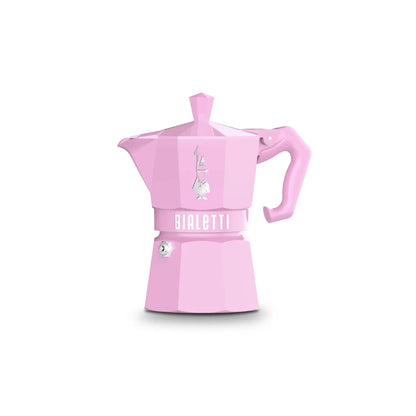 Cafetera moka Bialetti rosa, con asa lateral y tapa superior.