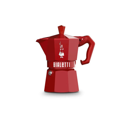 Cafetera moka Bialetti roja, con asa lateral y tapa superior.
