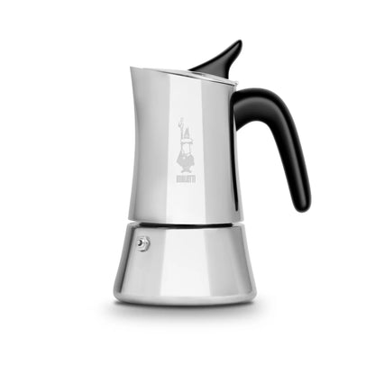 Cafetera italiana de acero Bialetti Moon Exclusive con manija negra y base plateada