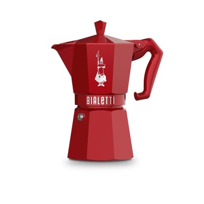 Cafetera moka Bialetti roja con asa, cuerpo en dos secciones.
