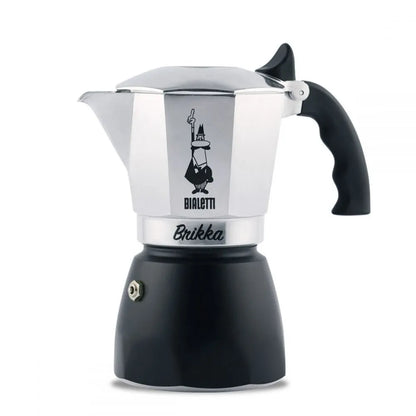 Cafetera italiana Brikka, acero pulido y base negra con asa de plástico, estilo moka.