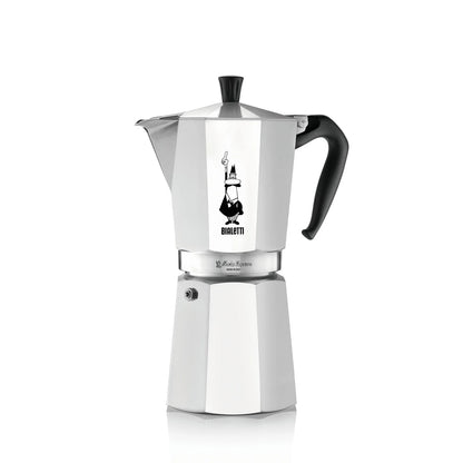 Cafetera moka Bialetti de aluminio con asa negra y silueta completa