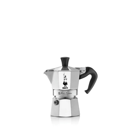 Cafetera italiana Moka Express Bialetti de acero pulido con asa negra, perfil frontal