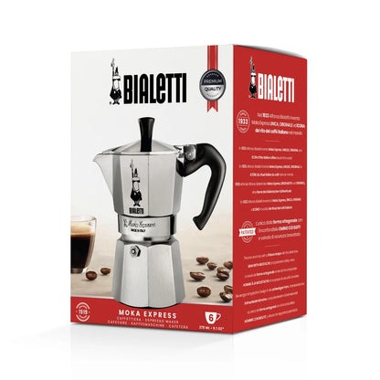 Caja de cafetera italiana Moka Express Bialetti en su caja con ilustración y capacidad