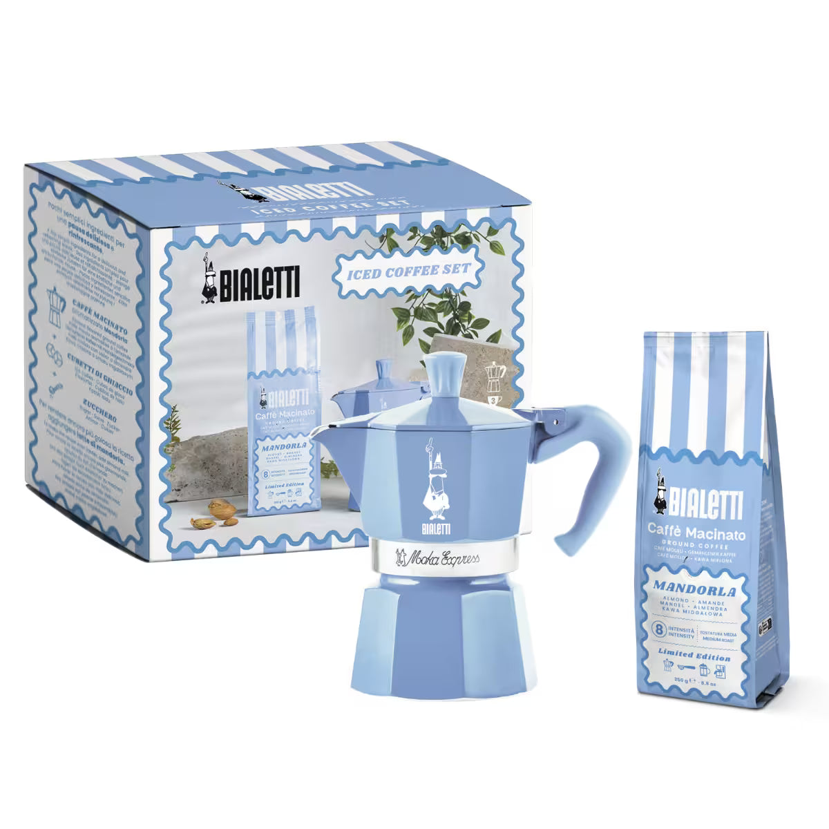 Set Moka Express 3 Tazas Celeste y Café Molido Perfetto Moka Almendra Bialetti