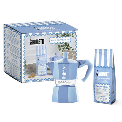 Set de cafetera moka celeste con asa y bolsa de café molido, en caja