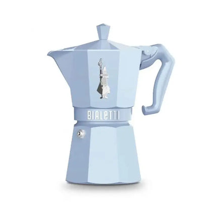 Cafetera moka Bialetti color azul claro, con asa lateral y tapa