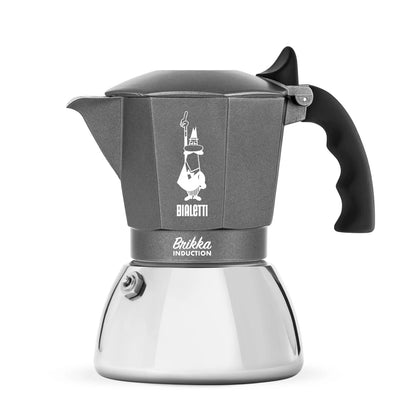Cafetera moka Bialetti Brikka Induction gris y blanca, asa negra y tapa abatible