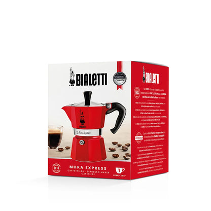 Cafetera italiana Moka Express Bialetti roja en caja, vista frontal