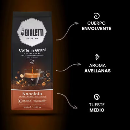 Bolsa de café en grano Bialetti Nocciola 1 kg con aroma de avellanas y tueste medio.