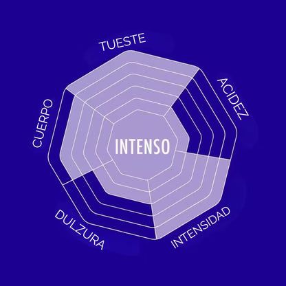 Ilustración de Café en Grano Bialetti Intenso con indicadores de tueste e intensidad