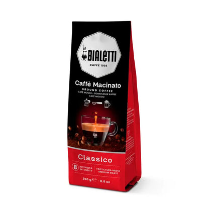 Bolsa de café molido Bialetti Clásico 250 g vista lateral, rojo y negro