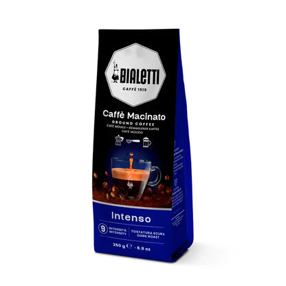 Bolsa de café molido Bialetti Intenso 250 g, vista en ángulo y logotipo