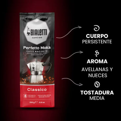 Perfil de Bialetti Perfecto Moka Classico, 250 g, cuerpo persistente y tostadura media.