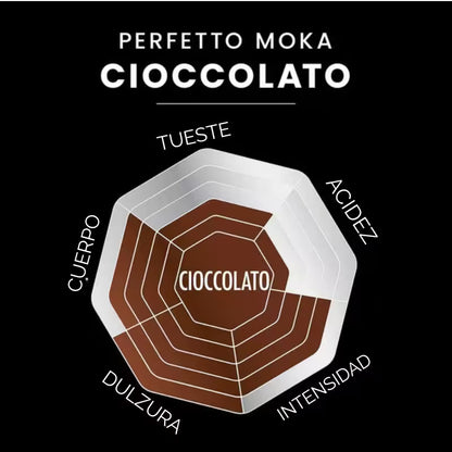 Perfil de sabor Cioccolato Perfetto Moka: tueste medio, acidez e intensidad.