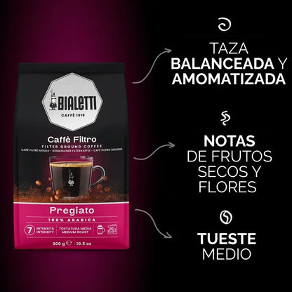 Perfil de café molido Bialetti Pregiato con infografía: taza balanceada, notas y tueste