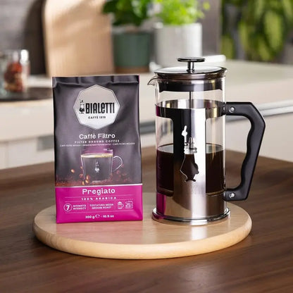 Bolsa de café molido Bialetti Pregiato y cafetera de acero con émbolo