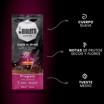 Perfil de café Bialetti Pregiato con cuerpo suave, frutos secos y flores; tueste medio