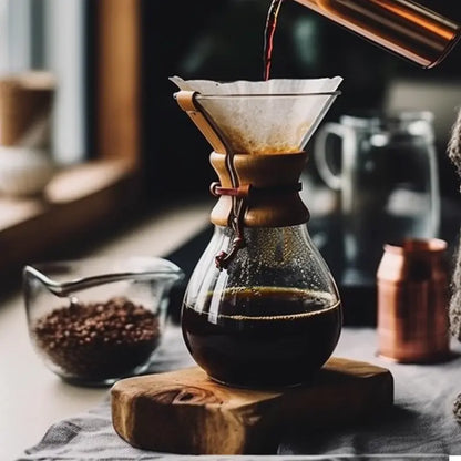 Cafetera Chemex de vidrio con filtro de papel y café goteando