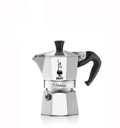 Cafetera italiana Moka Express Bialetti vista lateral, de acero pulido con asa negra