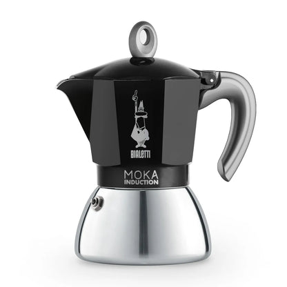 Cafetera italiana Moka de inducción Bialetti negra, cuerpo de aluminio con base