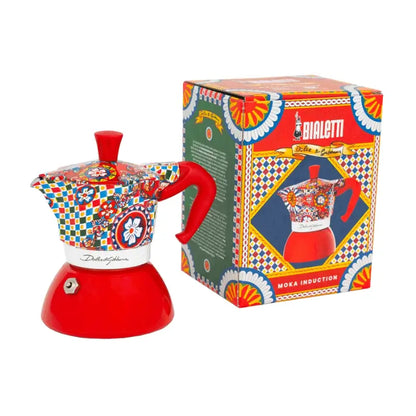 Cafetera moka roja de inducción con asa y tapa roja, con caja Bialetti Dolce&Gabbana