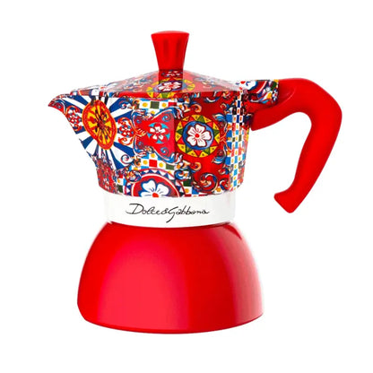 Cafetera moka roja de inducción con asa roja y diseño multicolor, con tapa a juego