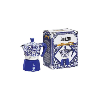Cafetera moka Bialetti Dolce&Gabbana azul con caja, estampado blanco y azul barroco