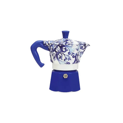 Cafetera moka Bialetti Dolce&Gabbana azul con asa y estampado blanco-azul