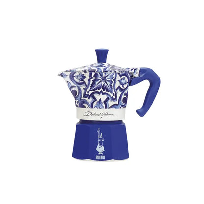 Cafetera moka Bialetti Dolce&Gabbana azul con tapa y estampado blanco-azul