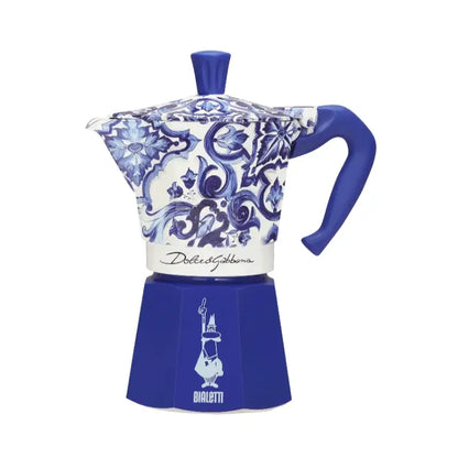 Cafetera moka Bialetti Dolce&Gabbana azul con asa curva y estampado blanco-azul
