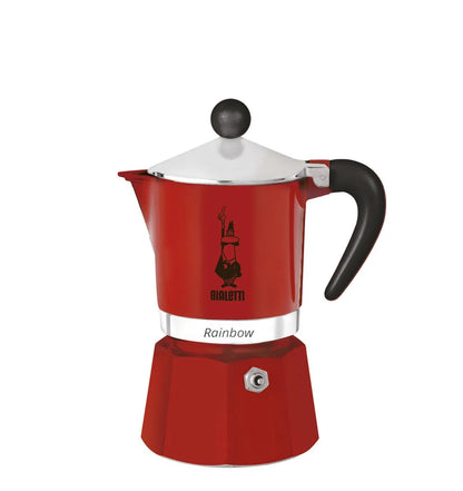 Cafetera italiana tipo moka Bialetti Rainbow roja con asa negra y tapa plateada