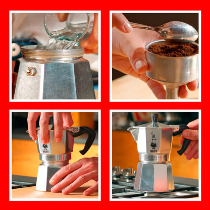 Cafetera italiana Moka Express Bialetti de acero con preparación y vertido de café