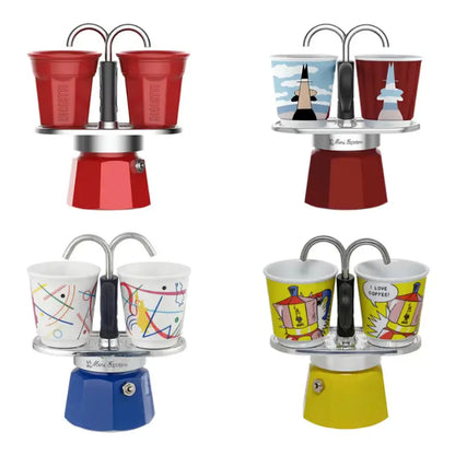 Cafetera moka Mini Express Bialetti roja con 2 vasos a juego y base roja