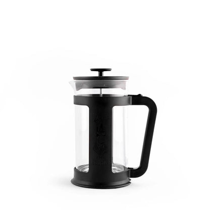 Prensa francesa Bialetti Smart negra con jarra de vidrio y émbolo, vista frontal