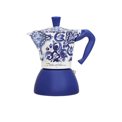 Cafetera moka de inducción azul con estampado azul y blanco, asa lateral y tapa Bialetti.