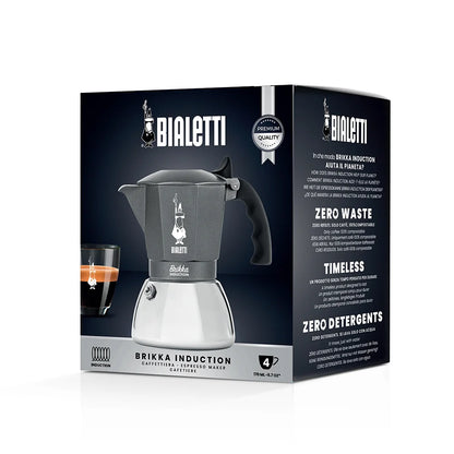 Caja de producto de cafetera italiana Brikka con imagen de la cafetera y especificaciones.