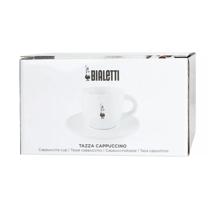 Caja con taza de porcelana blanca para capuchino Bialetti y plato a juego