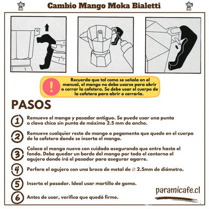 Lámina de instrucciones para cambiar el mango de la cafetera Moka Bialetti