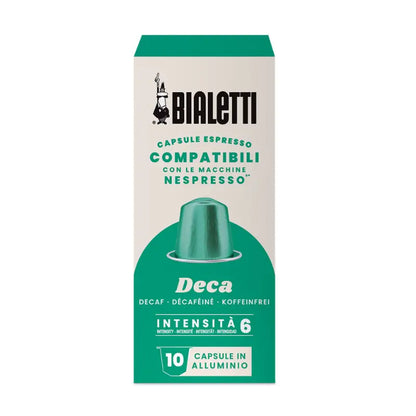 Caja de cápsulas Decca Bialetti para Nespresso, aluminio color verde.