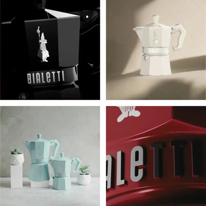 Cafetera moka Bialetti en negro, blanco, azul y rojo; detalle del logotipo